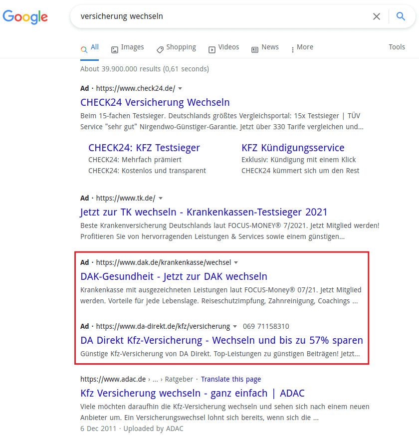 Google-Suche Versicherung wechseln
